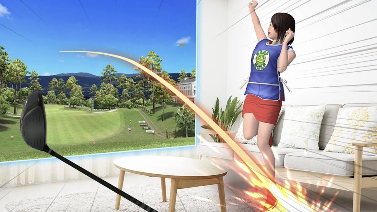 The player shoots the golf ball through a mixed reality portal towards a virtual golf course. A woman stands next to it and cheers.