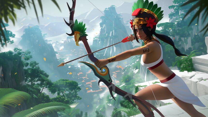 The heroine with a full-length bow in front of a jungle and temple landscape.