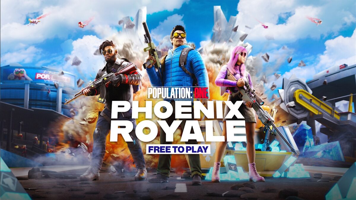 Key art from Phoenix Royale with various game characters in front of a huge explosion.