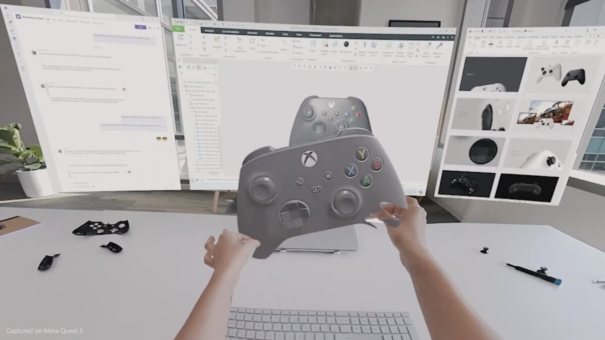 A Quest user interacts with a 3D Xbox controller using hand tracking.