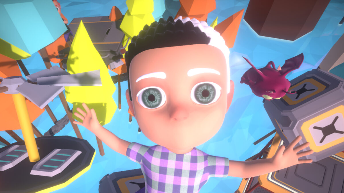 The character in a colorful VR world looks like a little boy wearing a plaid shirt.