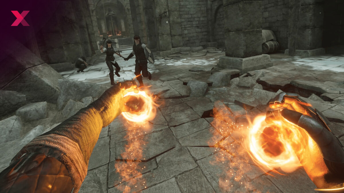 A screenshot from the VR game Blade & Sorcery shows two hands forming fireballs and being attacked by two soldiers.