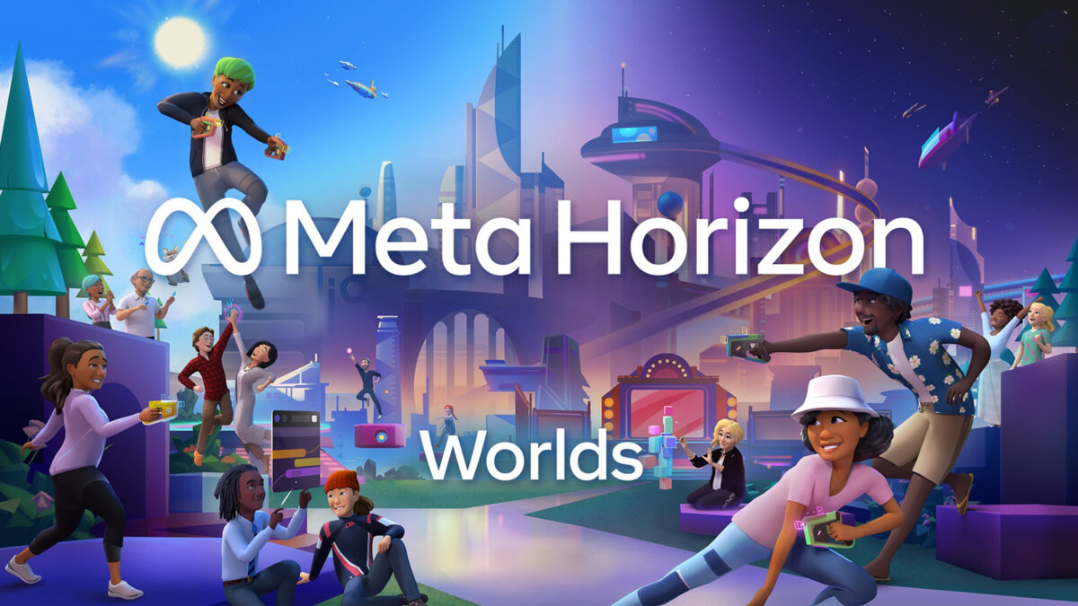 Key Art by Meta Horizon Worlds shows sci-fi worlds and avatars in various poses.