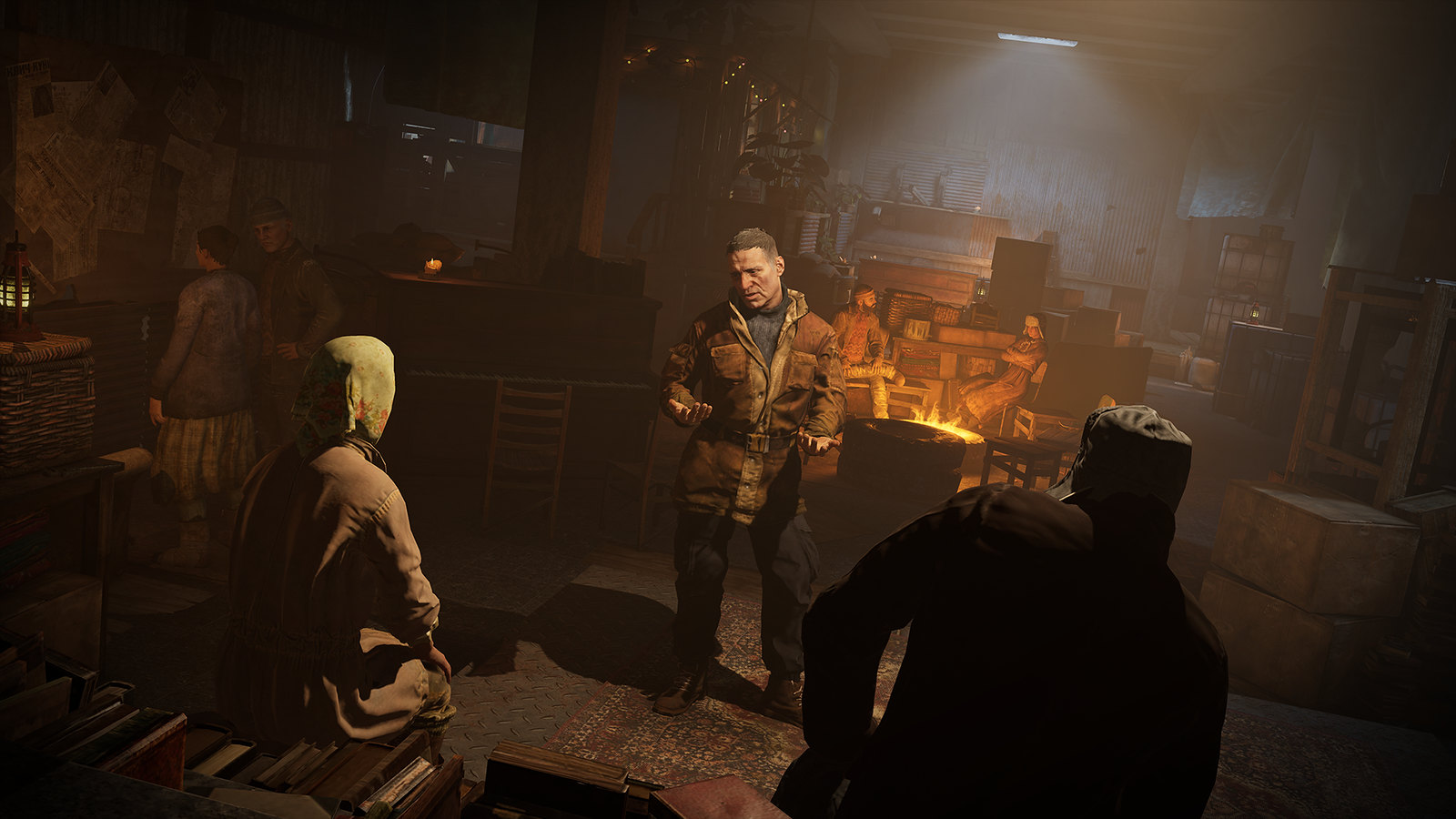 A scene from an underground lair with figures talking.