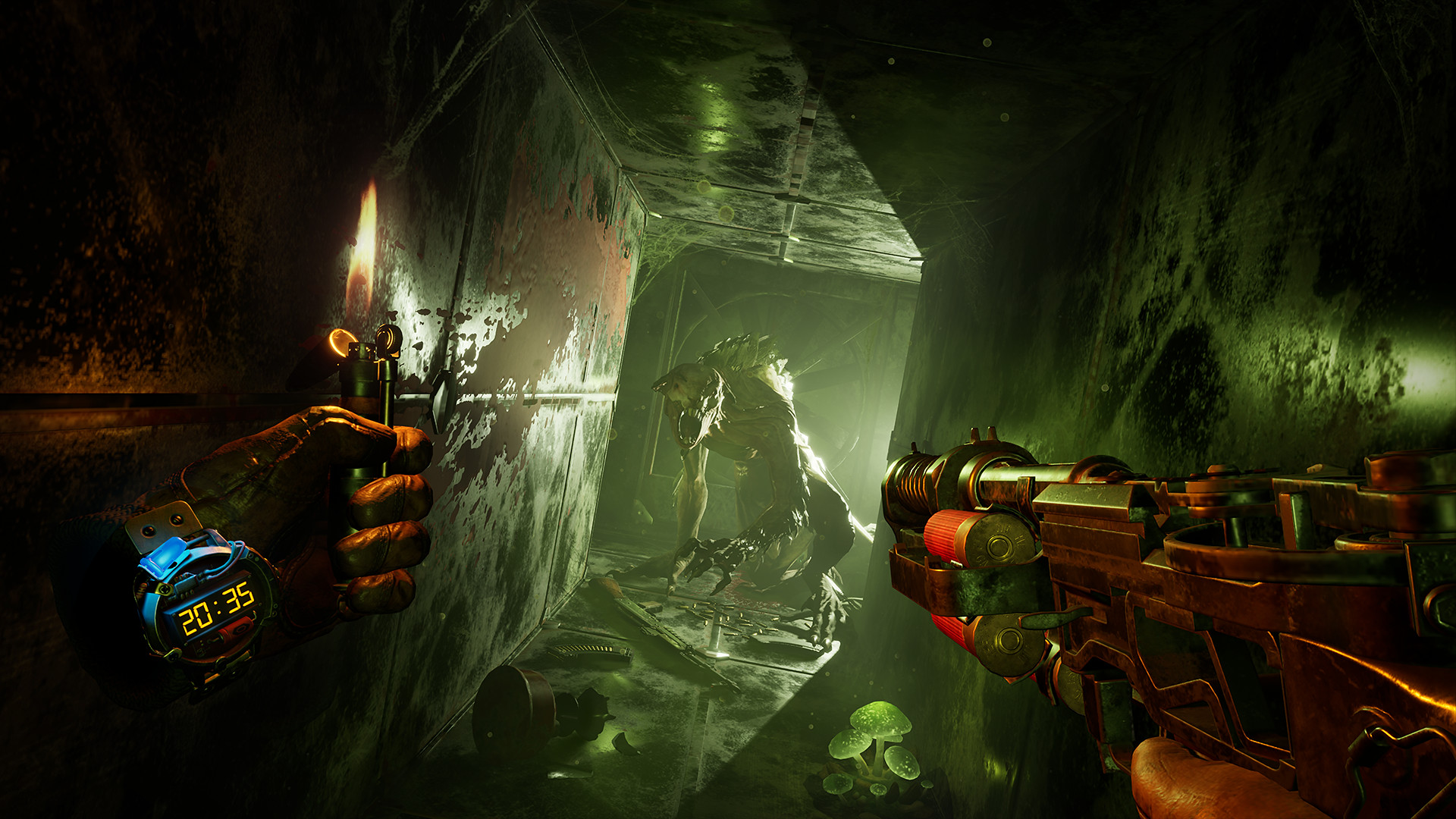 A rat-like figure appears in a tunnel. The player is holding a lighter and a weapon.