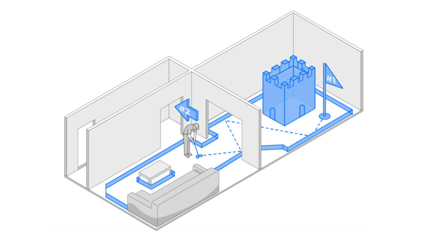 Schematic image of an MR game that is played in several rooms.