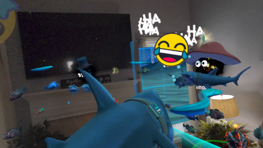 A screenshot from the mixed reality game Grokit shows how a digital shark catches fish in a real living room.