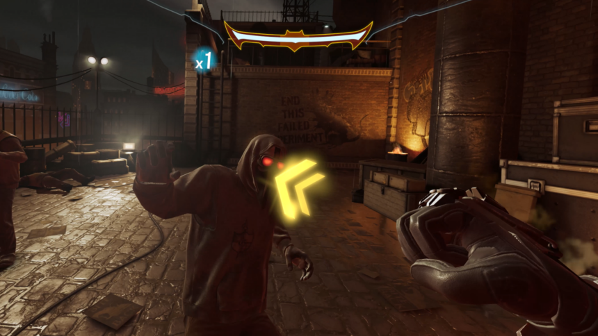 A yellow arrow points to the left and a fist strikes a man in a hood in that direction.