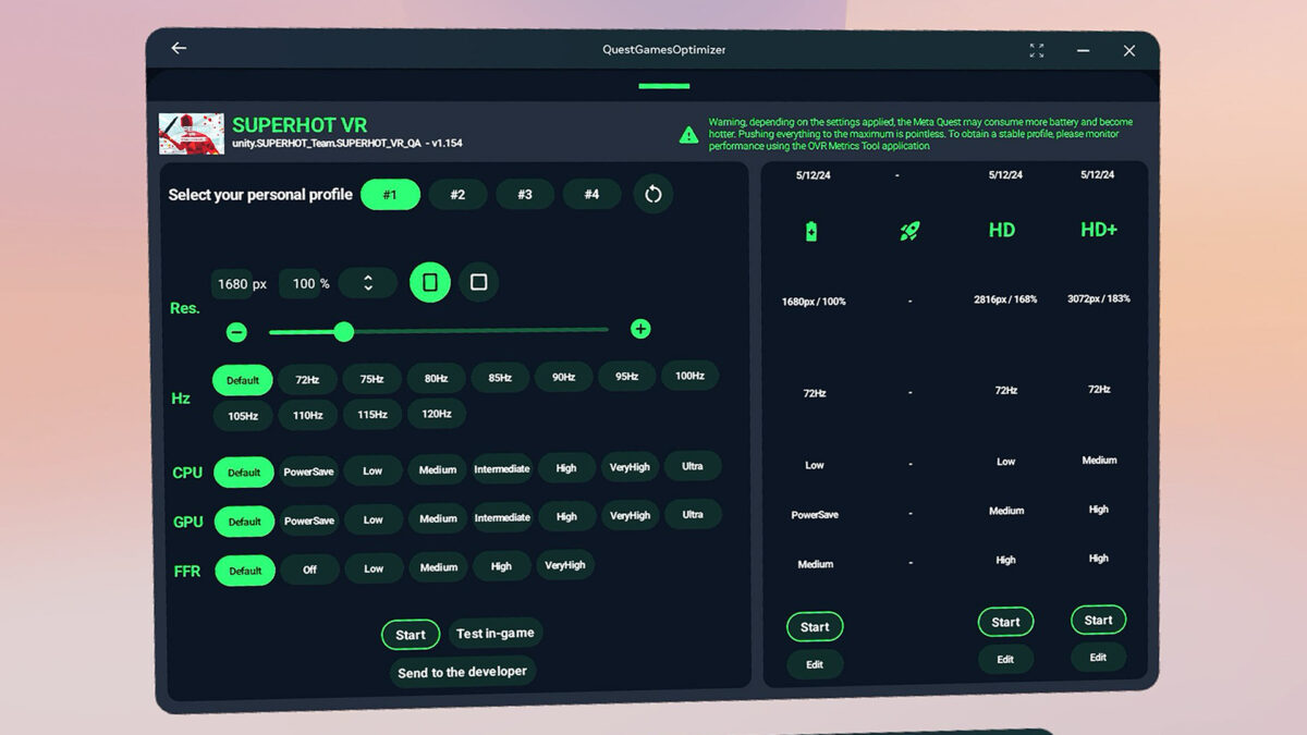 The user interface of Quest Games Optimizer.