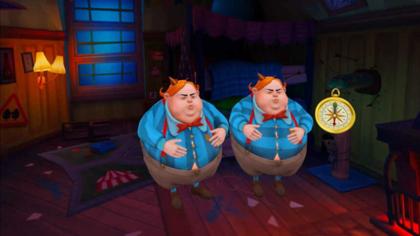 A screenshot from Escaping Wonderland shows the twins Tweedledee and Tweedledum.