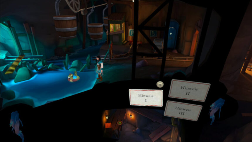 A screenshot from Escaping Wonderland shows protagonist Molly standing by a pond in a mine.