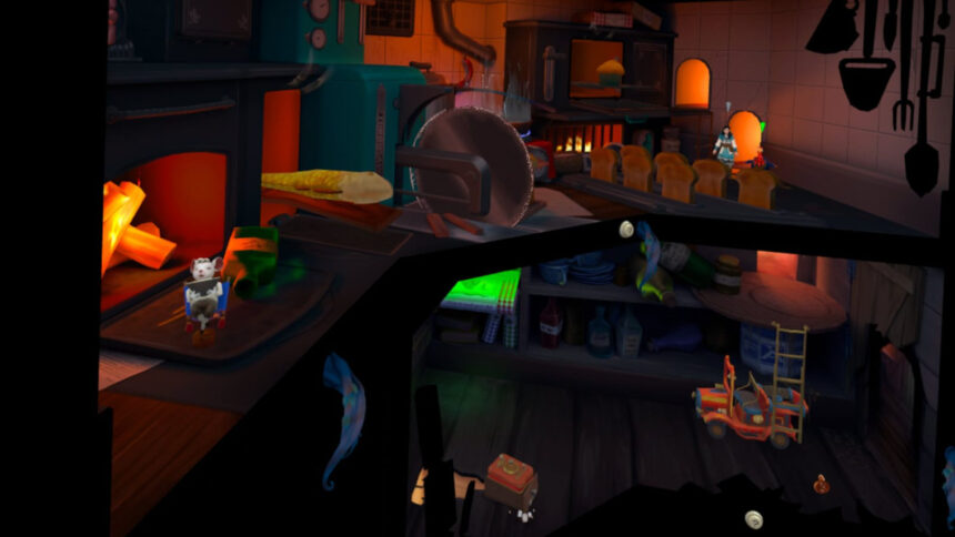 A screenshot from Escaping Wonderland shows protagonist Molly and her helper Dojo in the chaotic kitchen of a mouse.