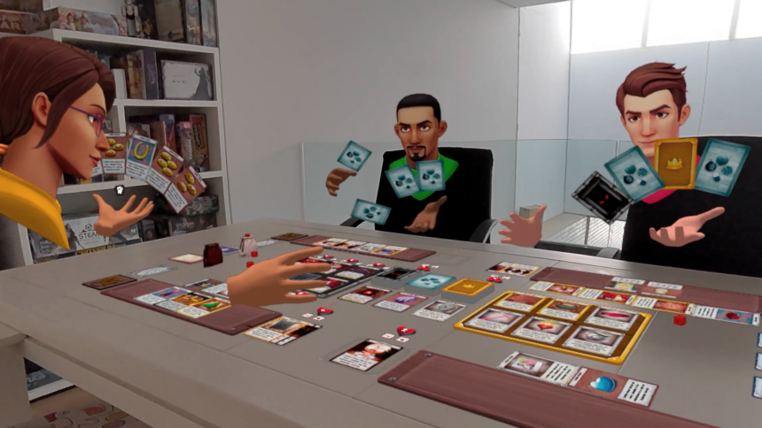 Three virtual avatars sit around a table and play a board game.