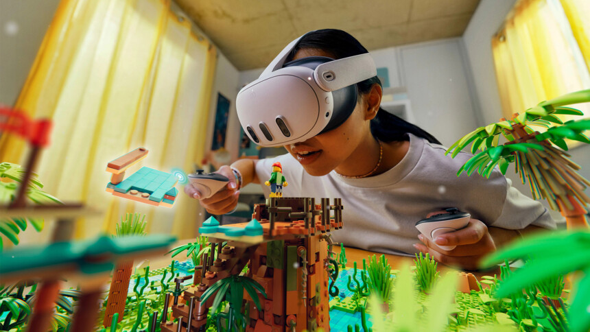A woman with Meta Quest 3 VR headset on her head plays a mixed reality game with a colorful virtual landscape in her living room.