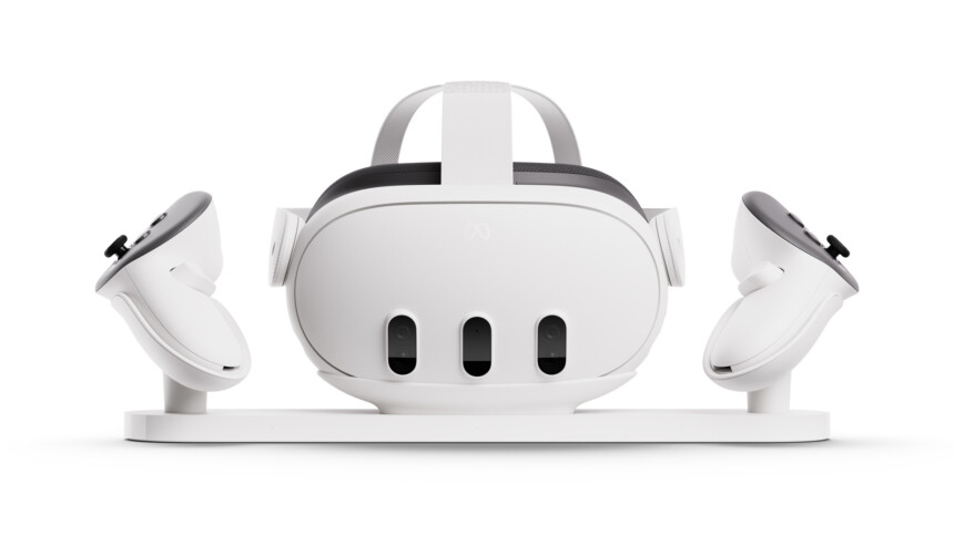 The Meta Quest 3 VR headset and two Touch Plus controllers on Meta's official charging dock.