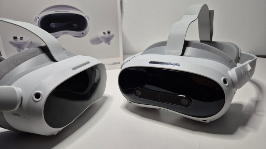 The Pico 4 Ultra VR headset lies on a white table next to the Pico 4.