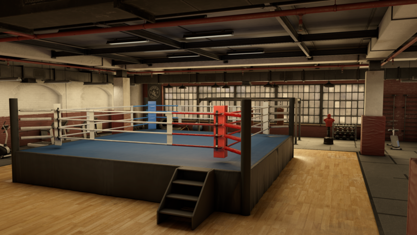 A VR gym with a boxing ring and equipment.