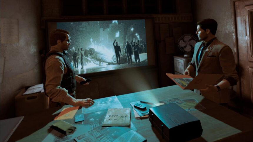 A cutscene from Batman: Arkham Shadow shows Harvey Dent and Commissioner Gordon going through evidence.