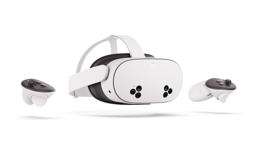 The Meta Quest 3S VR headset and two VR controllers in an angled view.