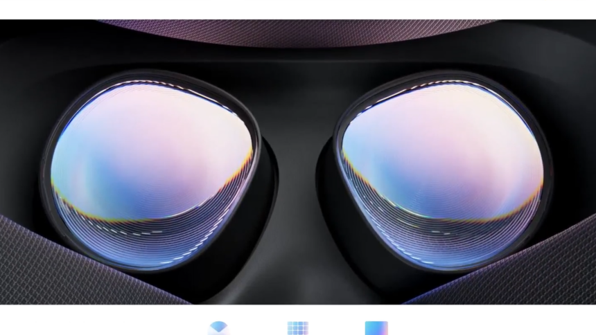 The headset lenses of the Meta Quest 3S VR headset.