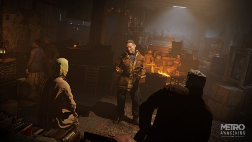 A group of survivors stand in front of a fire barrel in a subway tunnel.