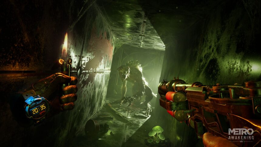 The player holds a machine gun and a lighter while a lizard-like monster approaches him in a tunnel.