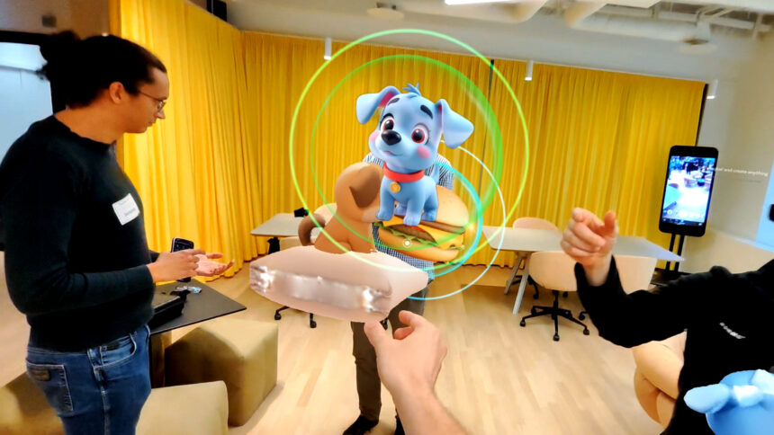 A virtual dog appears in a physical space.