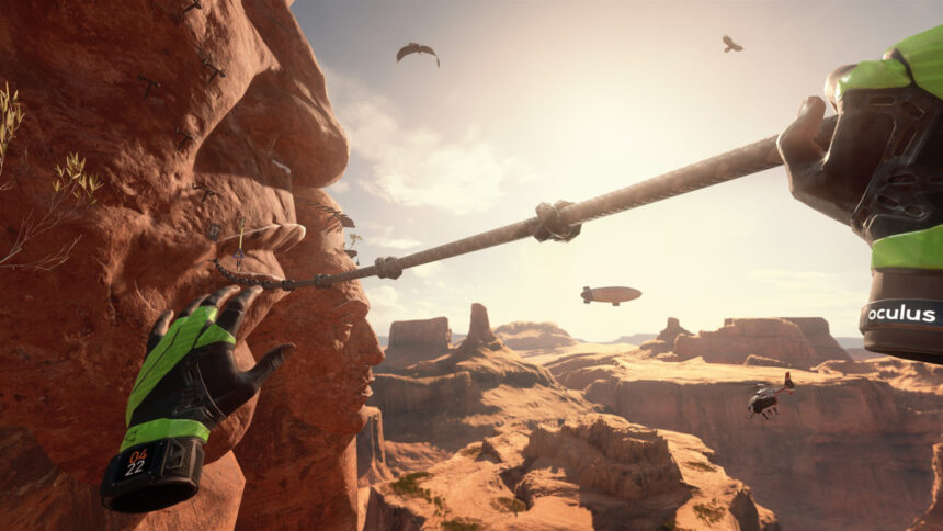 A view from the first-person perspective of a climber in a canyon in the VR game The Climb 2.