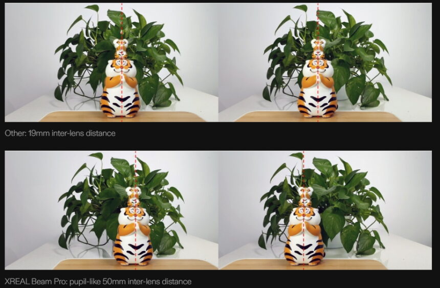 Xreal visualizes the difference in parallax with a setup analogous to iPhone 15 Pro (Max) and its own setup with 50 mm lens distance.