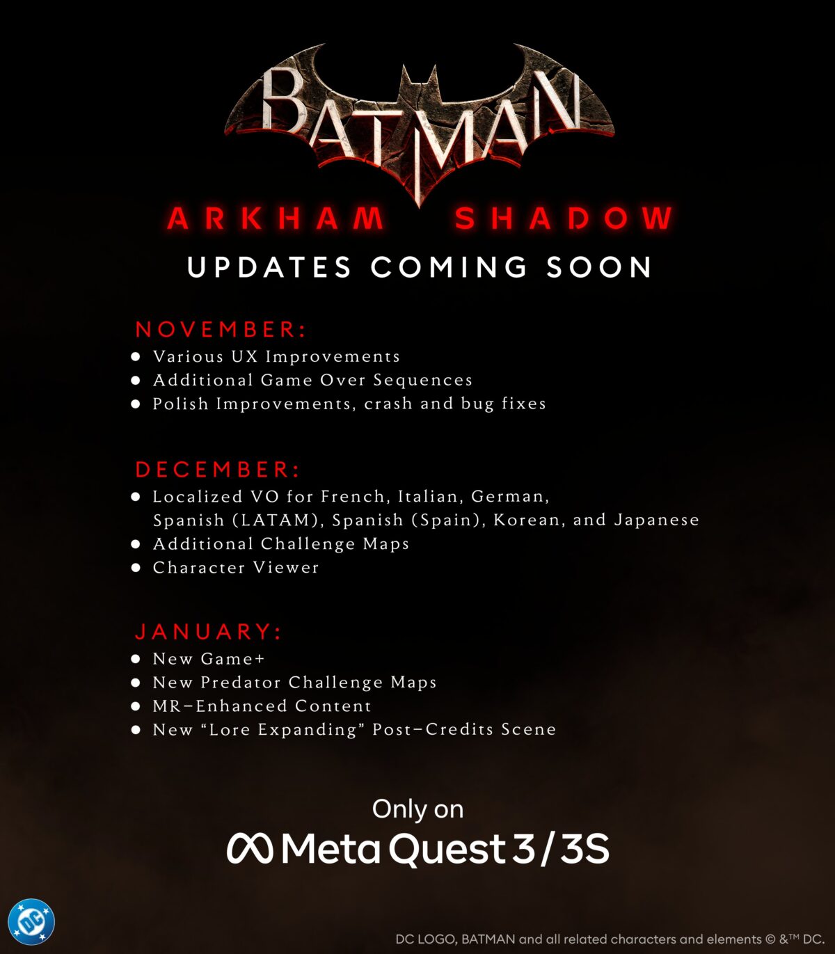 A list of features in upcoming updates for Batman: Arkham Shadow.