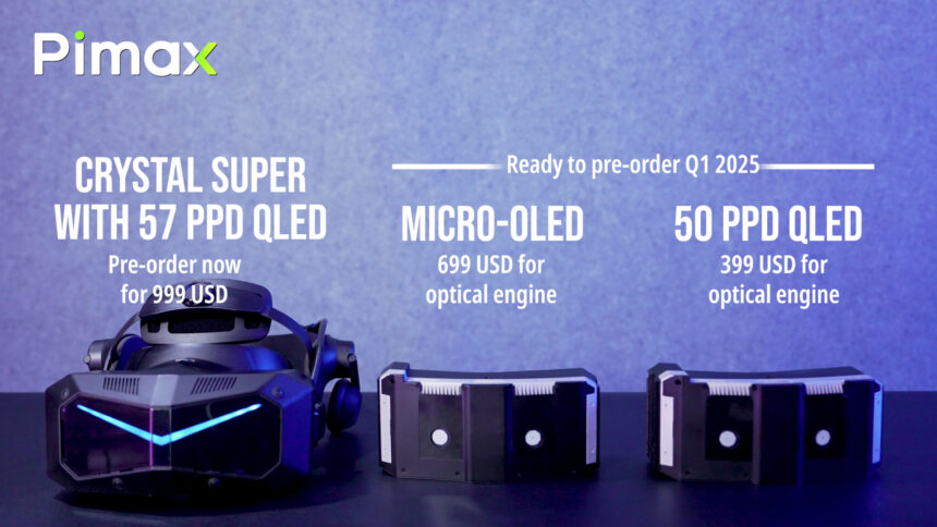 A graphic shows the pricing of the Pimax Crystal Super VR headset and the optical engines.