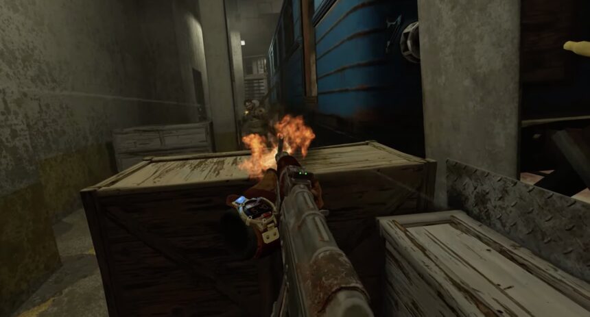 Quest 3 gameplay: Weapons such as the machine gun must be stabilized with the second hand.