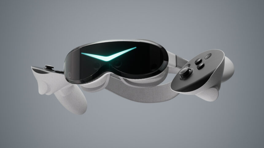 The Pimax Dream Air VR headset and two ringless VR controllers.