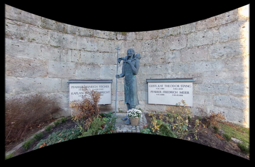 One photo shows a grave with a sculpture in the middle.