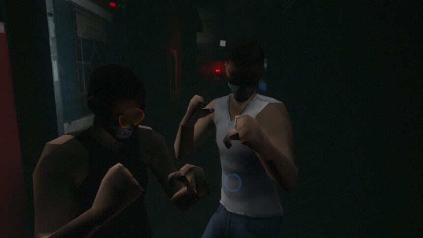 Two masked men in position for a fistfight.