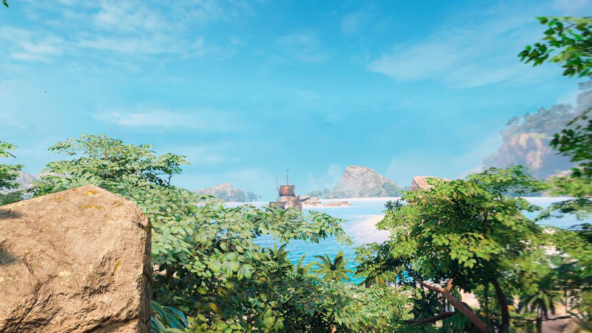 The view from a cliff on a Caribbean island shows trees, a blue sky and a bay where a ship is moored.