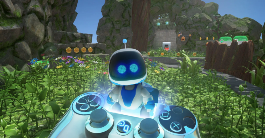 Astro Bot emerges from the Playstation controller.