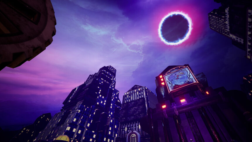 A dystopian city shines in a purple light.