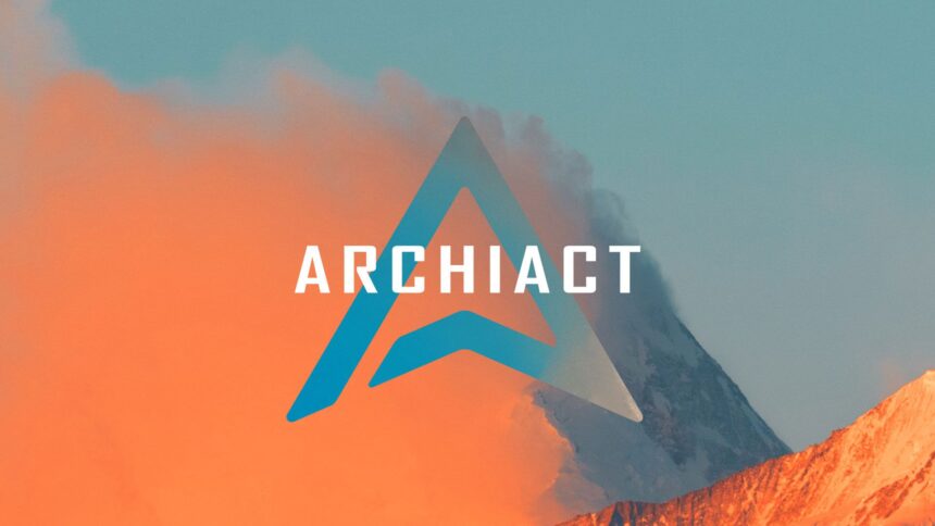 Archiact company logo featuring a stylized blue triangular A-shape against an orange and teal mountain backdrop with sunset sky.