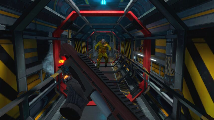 First-person shooter perspective: Hand holds weapon, zombie in yellow protective suit attacks on space station.