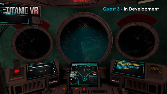 View from the submarine cockpit in Titanic VR, wreckage visible, displays and control consoles in the foreground.